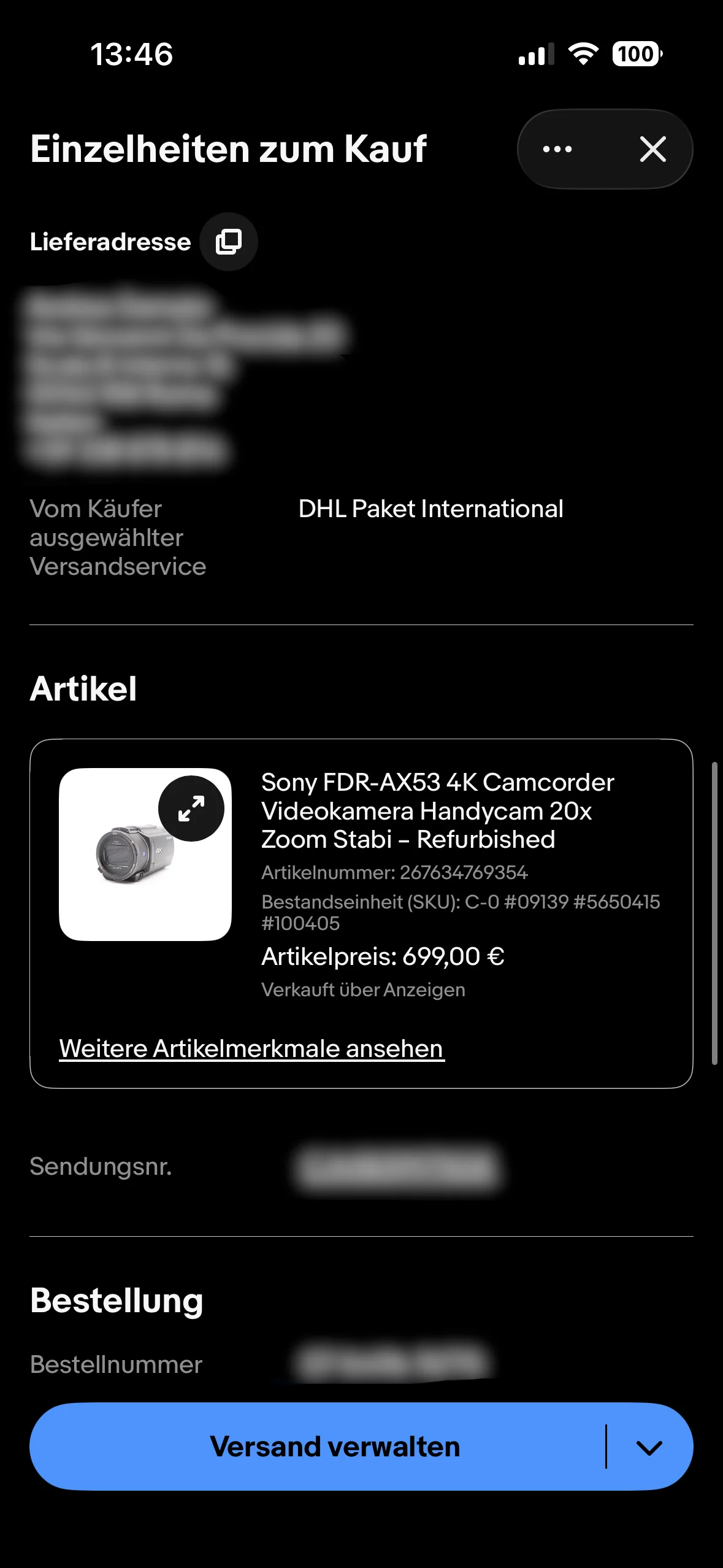 eBay Verkauf – Sony AX53