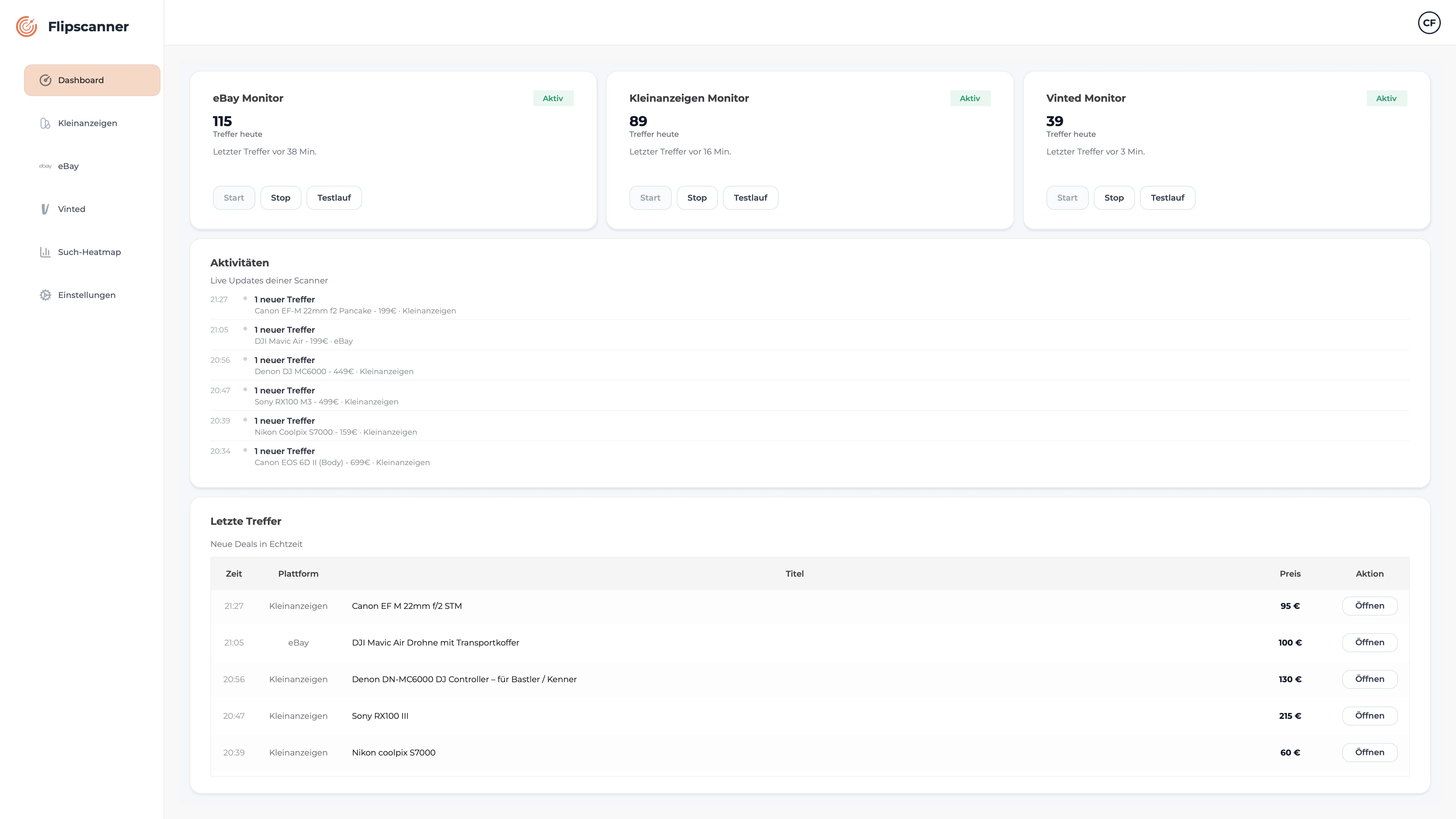 Flipscanner Dashboard – eBay, Kleinanzeigen und Vinted Monitor mit Live-Treffern