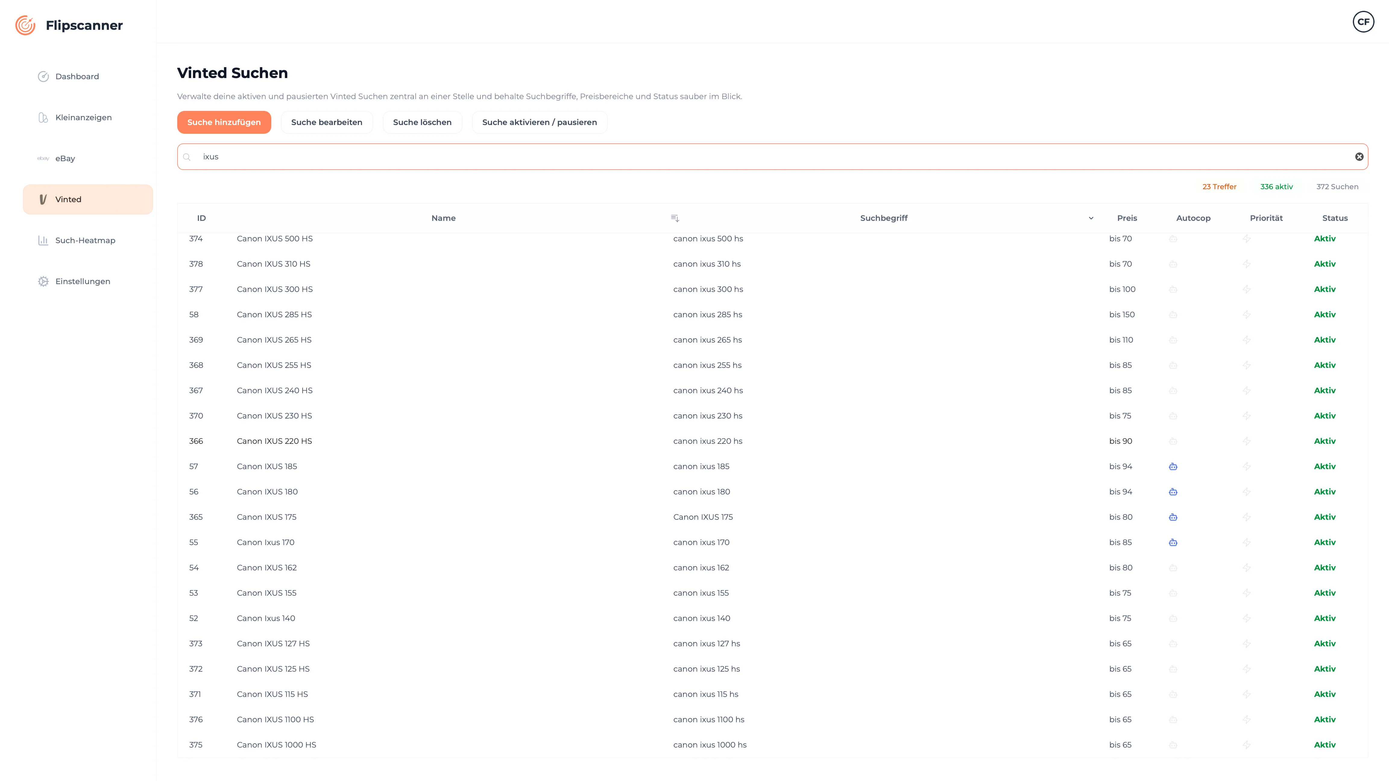 Flipscanner Suchmanager – eigene Suchen auf eBay, Kleinanzeigen und Vinted verwalten