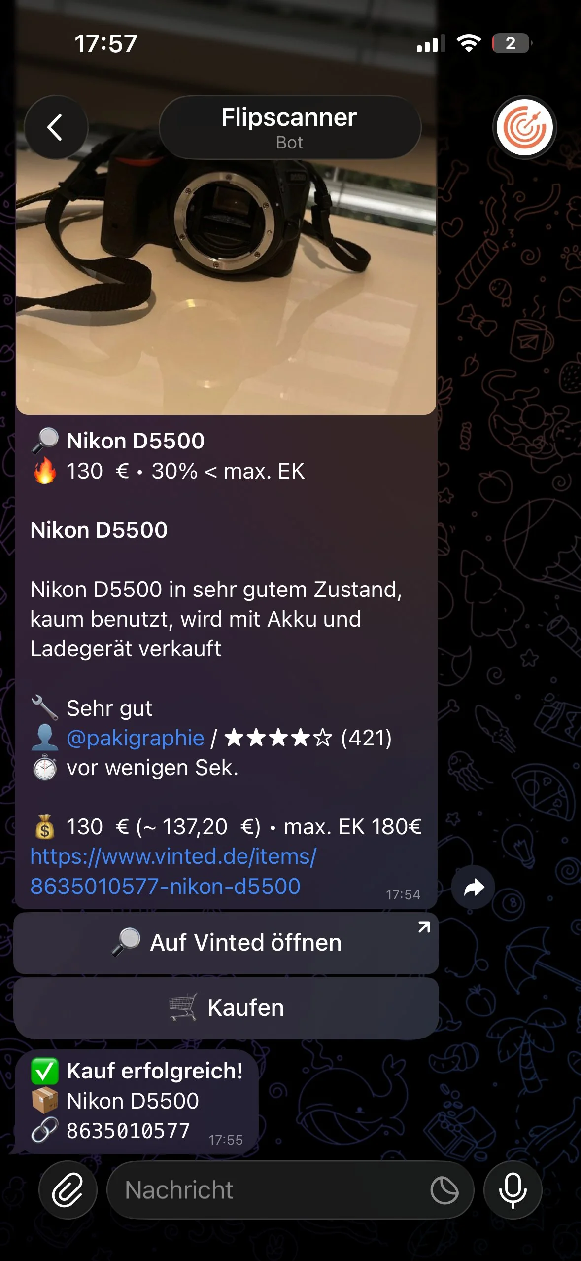 Flipscanner Telegram Deal-Alert mit Vinted Sofortkauf-Button